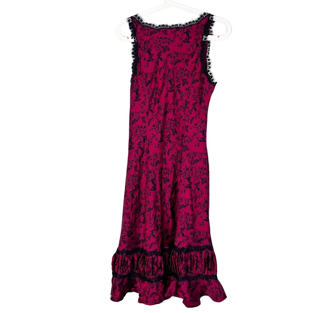 Y2K Silk Slip Dress Magenta Black Lace Butterfly Print Ruffle Hem Vintage - Picture 5 of 8